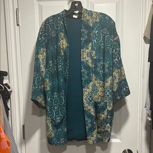 House of Harlow 1960 Teal and Gold Kimono